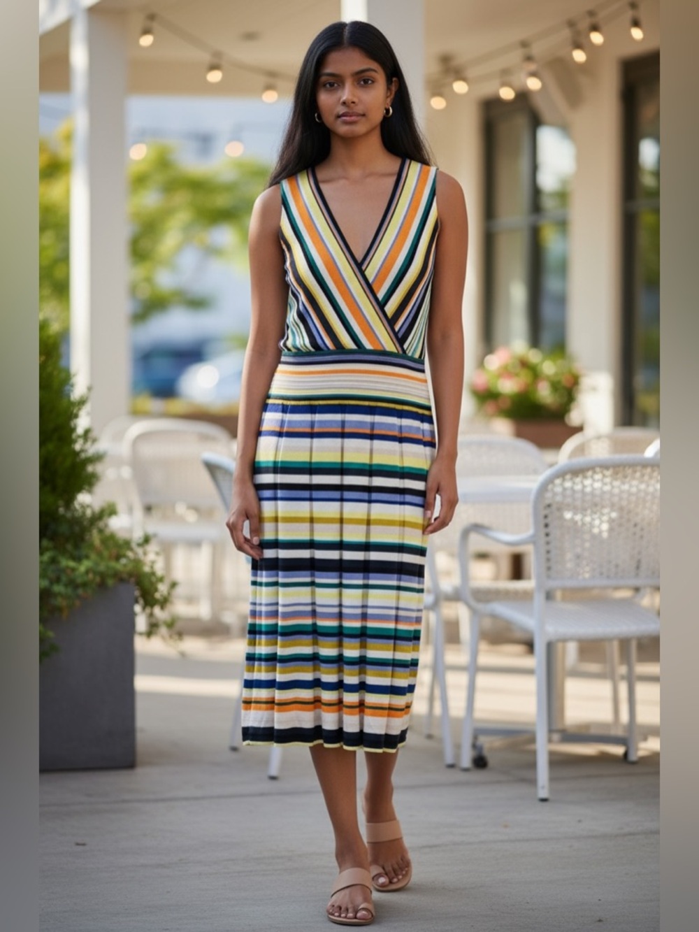 Milly Women A-Line Midi Stripped Knit Sleeveless and Pleated Dress Size L